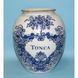 An 18th century Dutch Delft tobacco jar inscribed 'Tonca' in a cartouche, LPK mark to base, (glaze