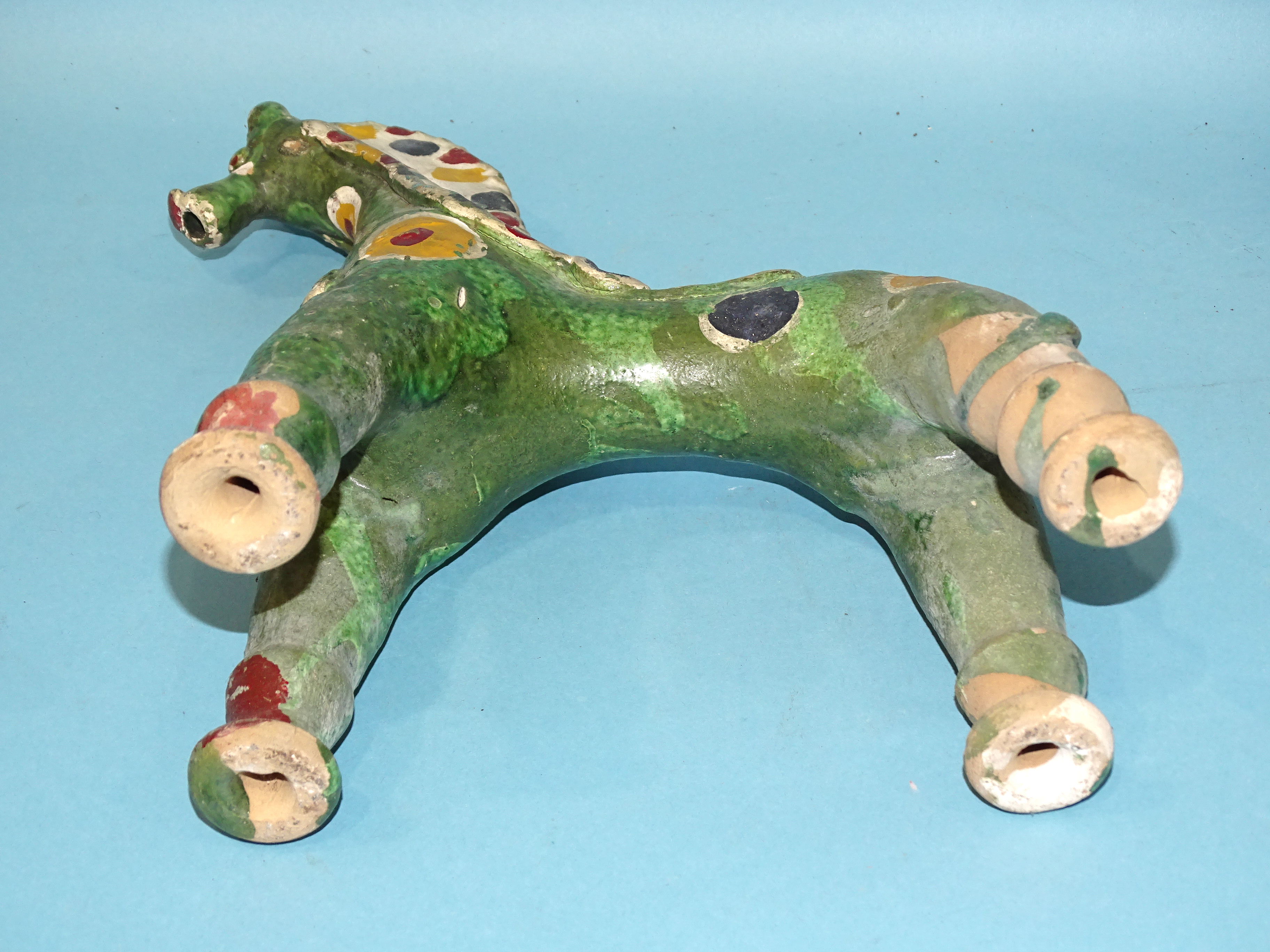 A Canakkale pottery horse vessel glazed green and painted with colours, 18cm high, 25cm long and a - Image 5 of 9