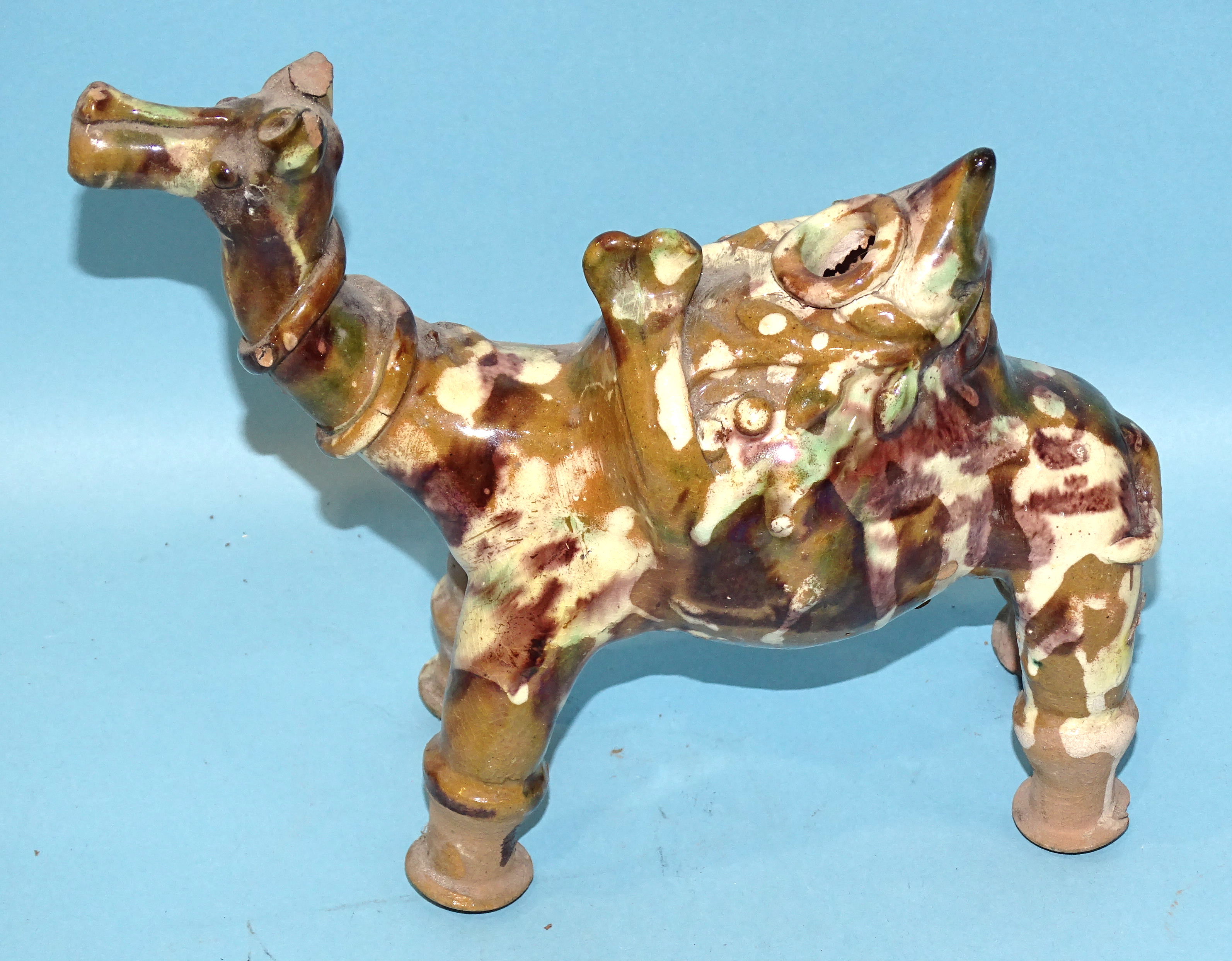 A Canakkale pottery horse vessel glazed green and painted with colours, 18cm high, 25cm long and a - Image 7 of 9