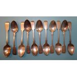 Eleven Victorian silver fiddle pattern teaspoons, maker GA, London 1877, ___8.1oz.