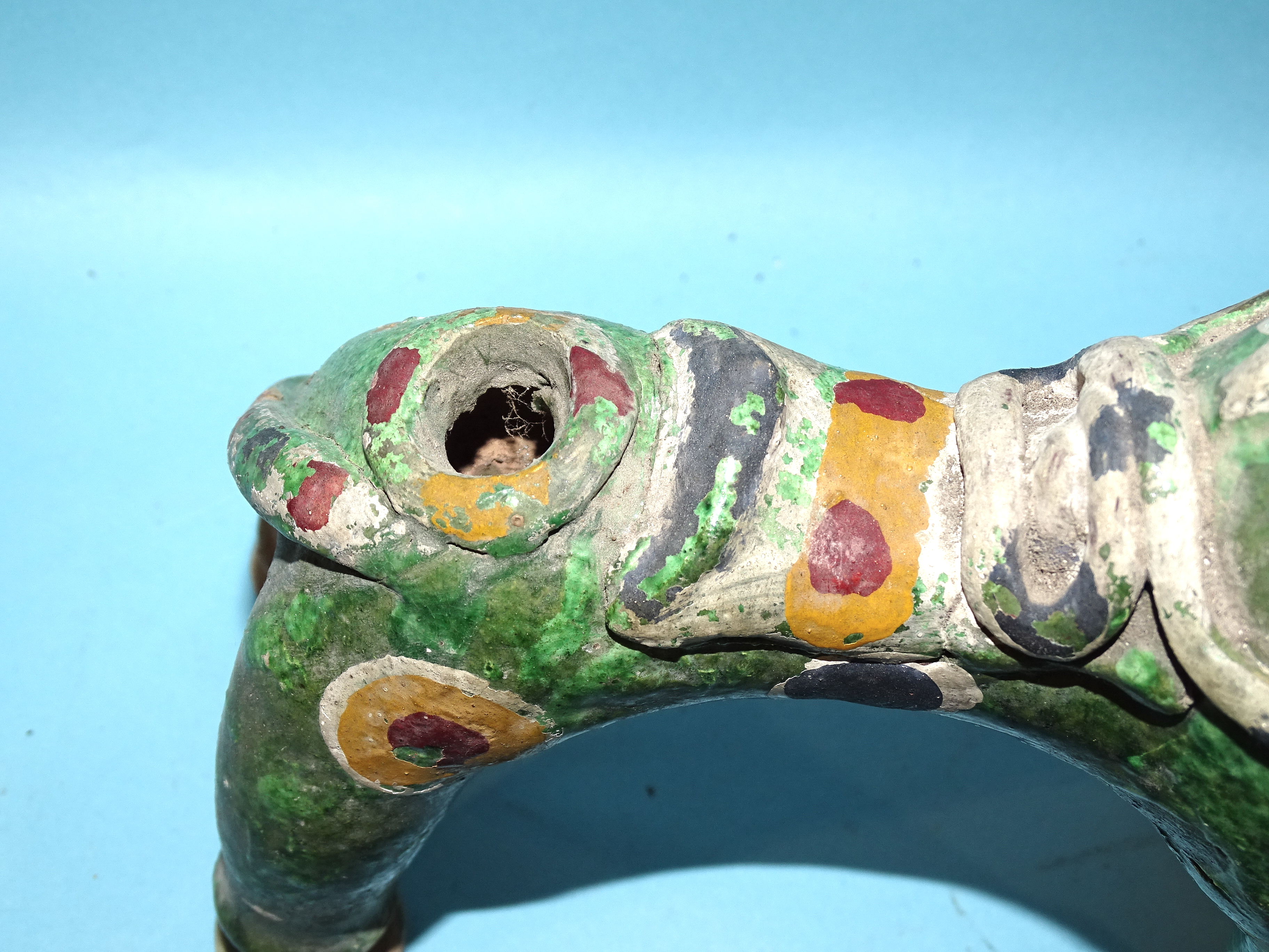 A Canakkale pottery horse vessel glazed green and painted with colours, 18cm high, 25cm long and a - Image 2 of 9