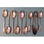 A set of six silver teaspoons with beaded edges, Birmingham 1928, other teaspoons and a pair of