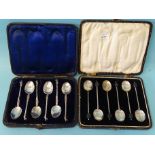 A cased set of six silver coffee bean spoons, Birmingham 1929 and a cased set of six white metal