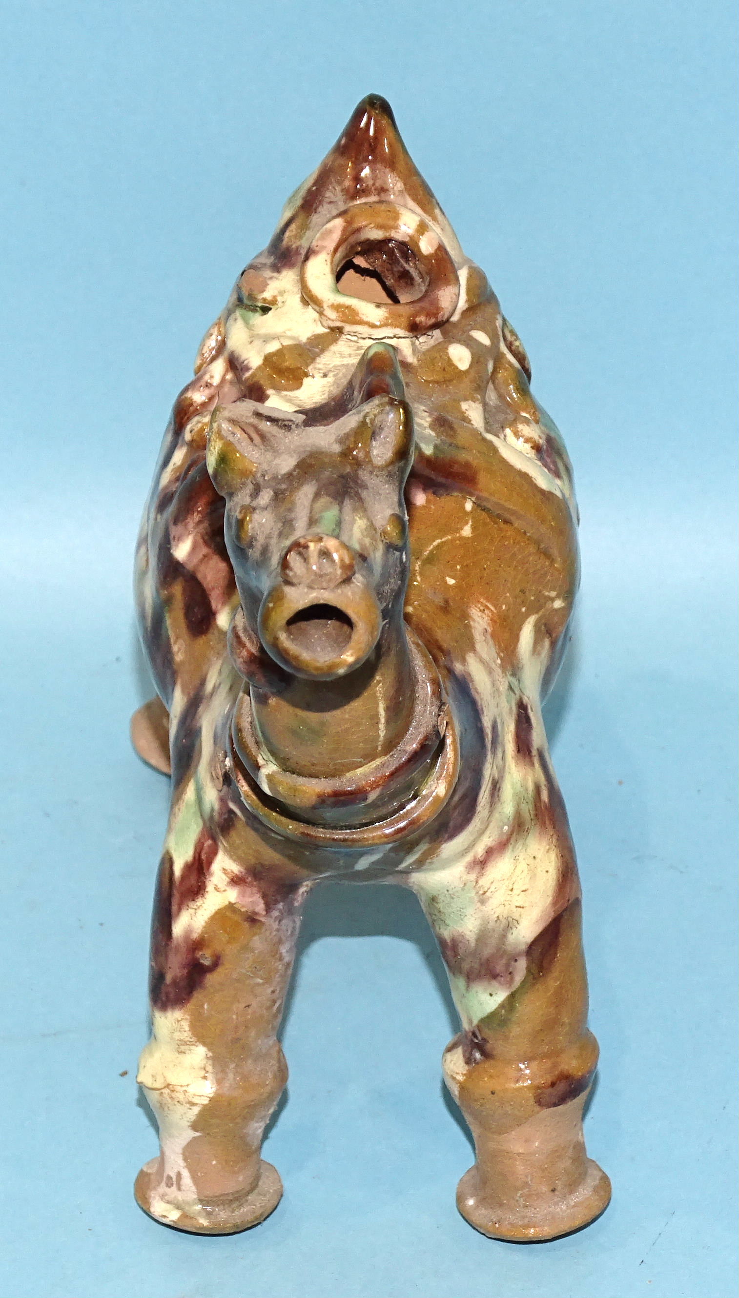 A Canakkale pottery horse vessel glazed green and painted with colours, 18cm high, 25cm long and a - Image 6 of 9