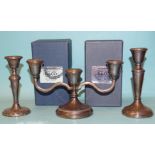 Two modern silver dwarf candlesticks with tapered stems, 14.5cm and 13cm high, both boxed and