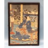 Two framed and glazed Japanese woodblock prints, one of a lady drinking on a balcony, the other of a