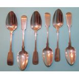 A set of six Victorian silver fiddle pattern teaspoons, maker JW, London 1844, ___4oz.
