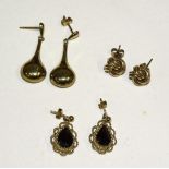 A pair of 9ct gold drop earrings, a pair of 9ct gold knot earrings, total 5.1g and a pair of