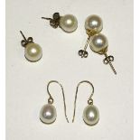 A pair of cultured pearl drop earrings and two pairs of cultured pearl studs, (3).