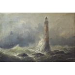 J Haynes? SMEATONS LIGHTHOUSE IN A HEAVY SEA Oil on canvas, signed, 50 x 76cm, later-titled, (old