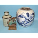 A small Chinese celadon crackle-glazed tea cannister and cover, a Chinese blue and white globular