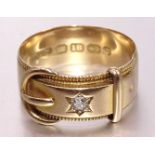 A Victorian 18ct gold buckle ring set old brilliant-cut diamond, size O, 5g.