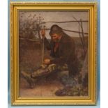 E.S. STUDY OF AN AGRICULTURAL WORKER SEATED BY A RUSTIC FENCE Oil on canvas, signed with initials,