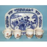 A Chinese octagonal blue and white export landscape dish and four famille rose tea cups decorated