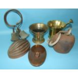An antique bronze pestle and mortar, 12cm high, 14cm diameter, another mortar, 11cm high, 14cm