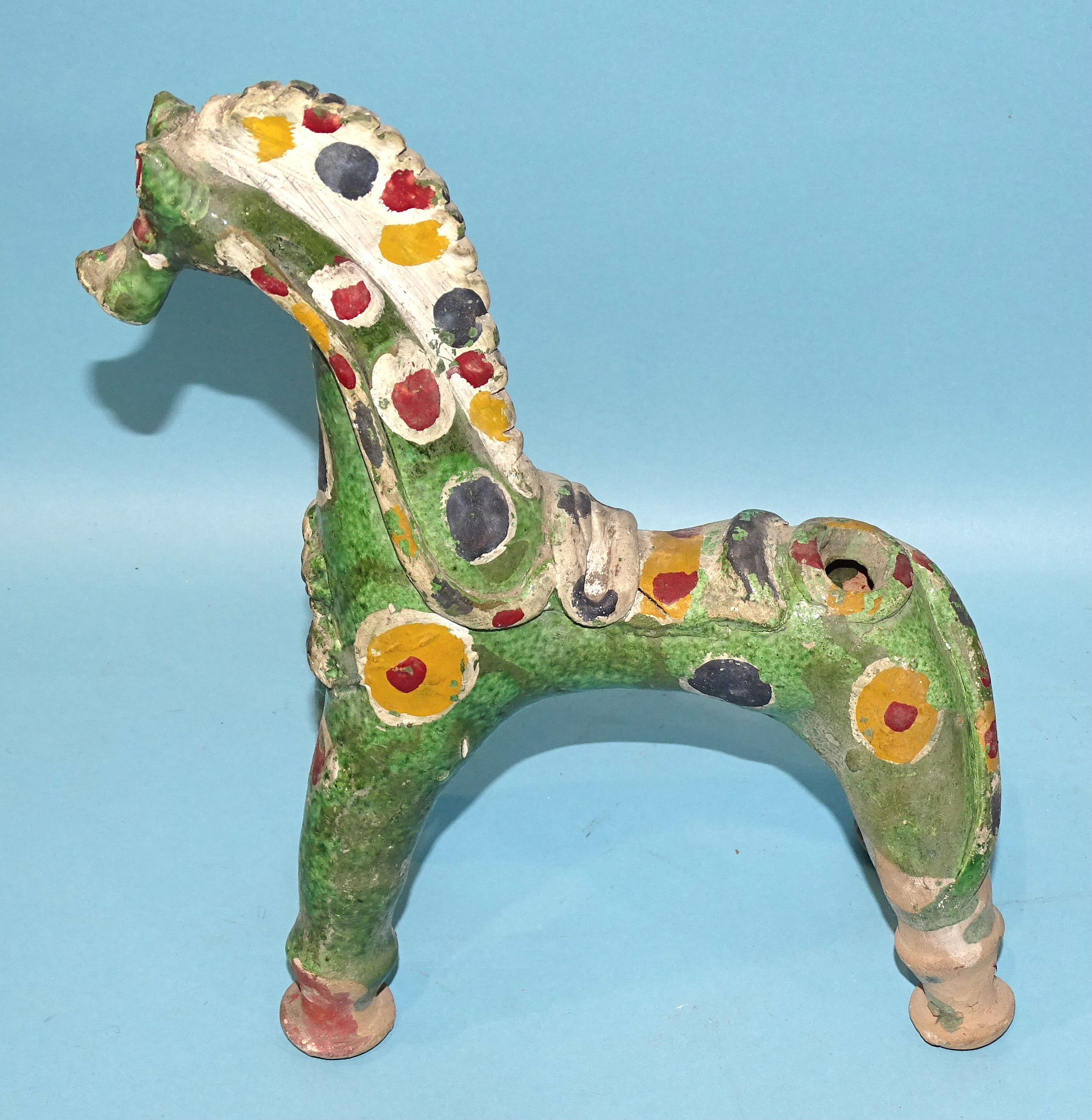 A Canakkale pottery horse vessel glazed green and painted with colours, 18cm high, 25cm long and a - Image 4 of 9
