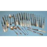 A collection of miscellaneous silver flatware and mother-of-pearl-handled fruit knives and forks.