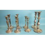 A pair of Walker & Hall Georgian-style plated candlesticks on shaped bases, 29.5cm high and three