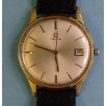 Omega, a gentleman's gold-plated wrist watch, the gilt dial with baton numerals and date aperture at