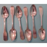 A set of six Georgian Irish silver fiddle pattern teaspoons, maker IH, (possibly J Henzell),