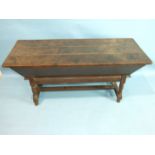 An 18th century oak dough bin on turned legs, 165cm wide, 70cm deep, 72cm high.