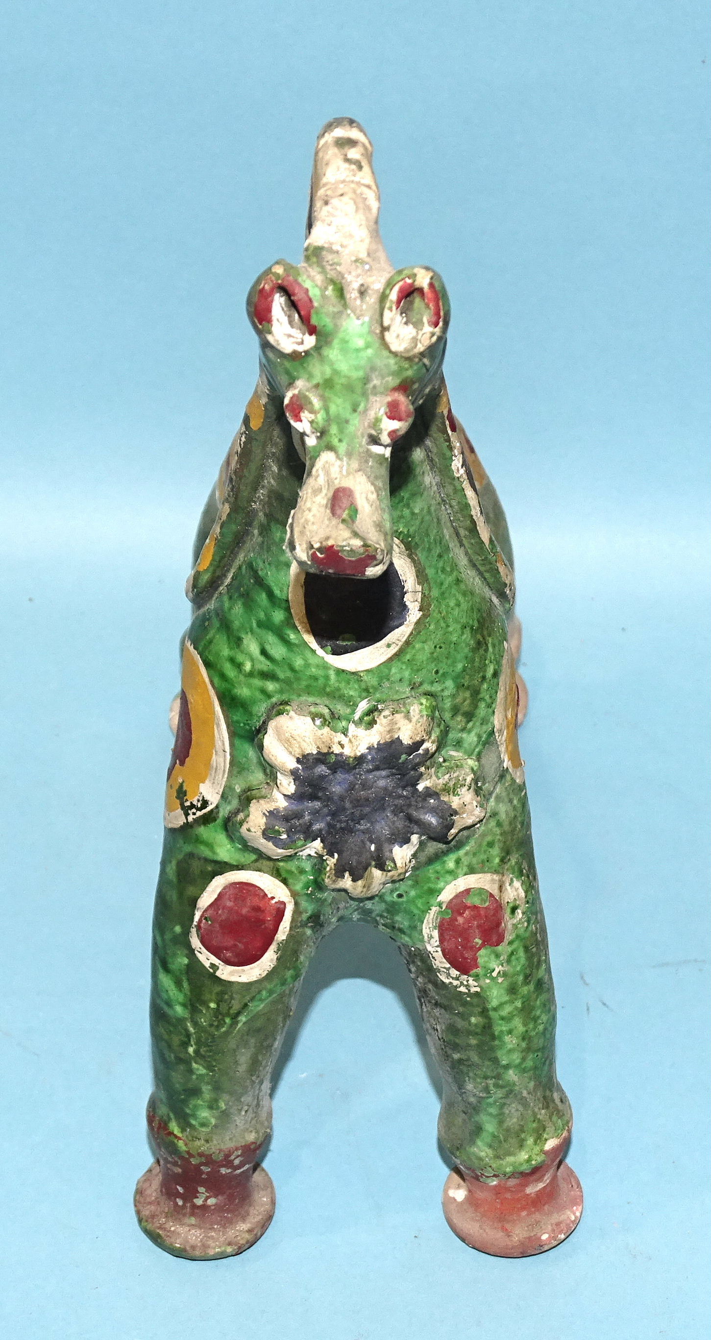 A Canakkale pottery horse vessel glazed green and painted with colours, 18cm high, 25cm long and a - Image 3 of 9