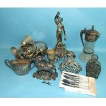 A plated six-bottle cruet, (one bottle a/f), an Elkington & Co. etched glass claret jug with