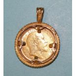 An Edward VII half-sovereign, 1909, in 9ct gold pendant mount, 7.2g.