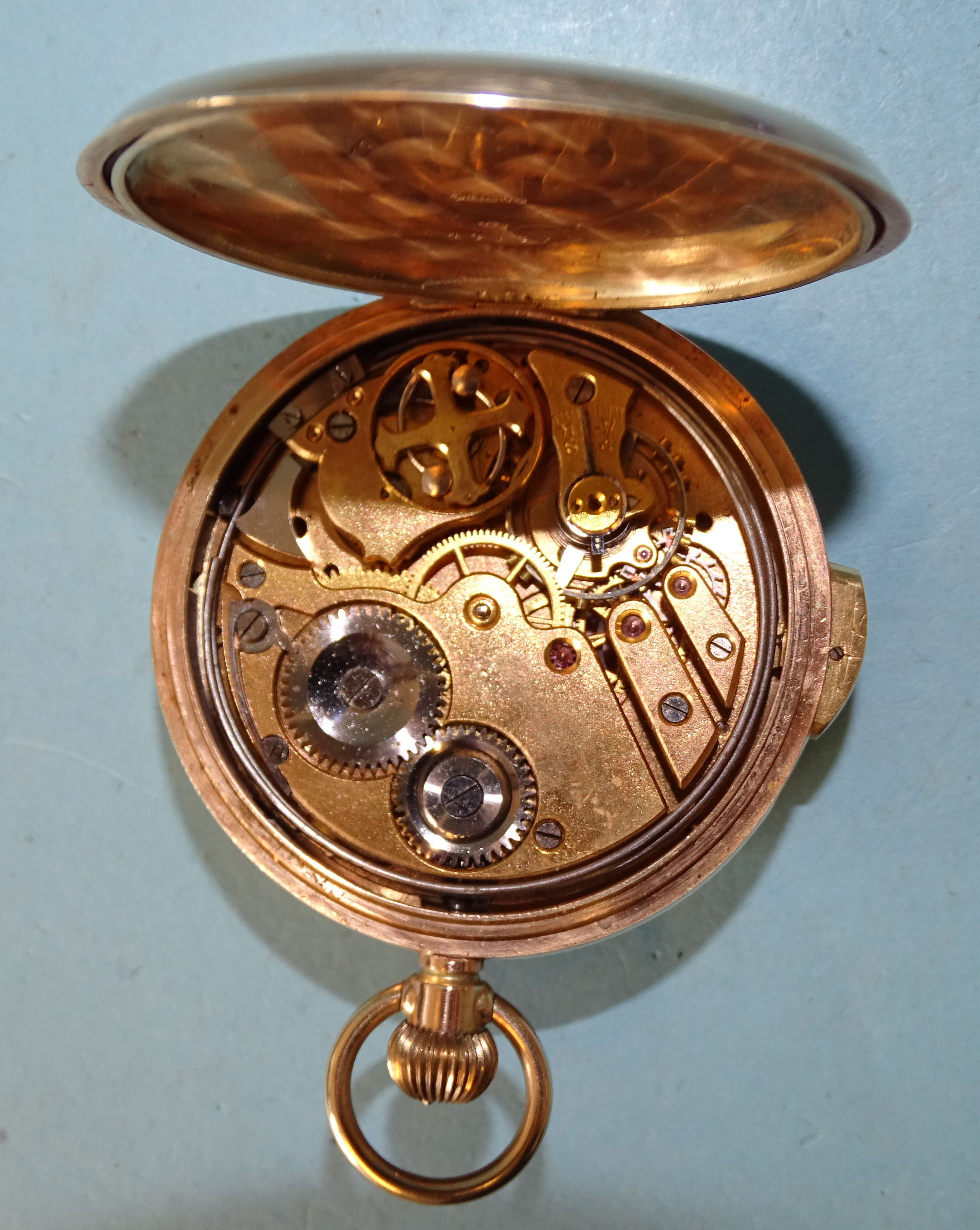 A 9ct gold hunter-cased repeater pocket watch, the white enamel dial with Roman numerals and seconds - Image 5 of 6