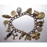 A 9ct gold curb-link bracelet with nine 9ct gold charms and five others, gross weight 43.8g.