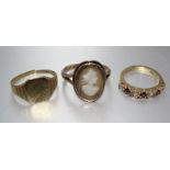A 9ct gold ring set shell cameo, (worn), size Q, 3.9g, a 9ct gold ring set garnets and synthetic