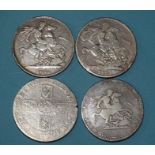 A William III 1696 crown, a George III 1820 crown and two George IV crowns, 1821 and 1822, (4).