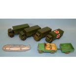 Dinky, 23M pre-war Thunderbolt Land Speed Record Car, army issues 622 (x2), 621 and 626, also 340
