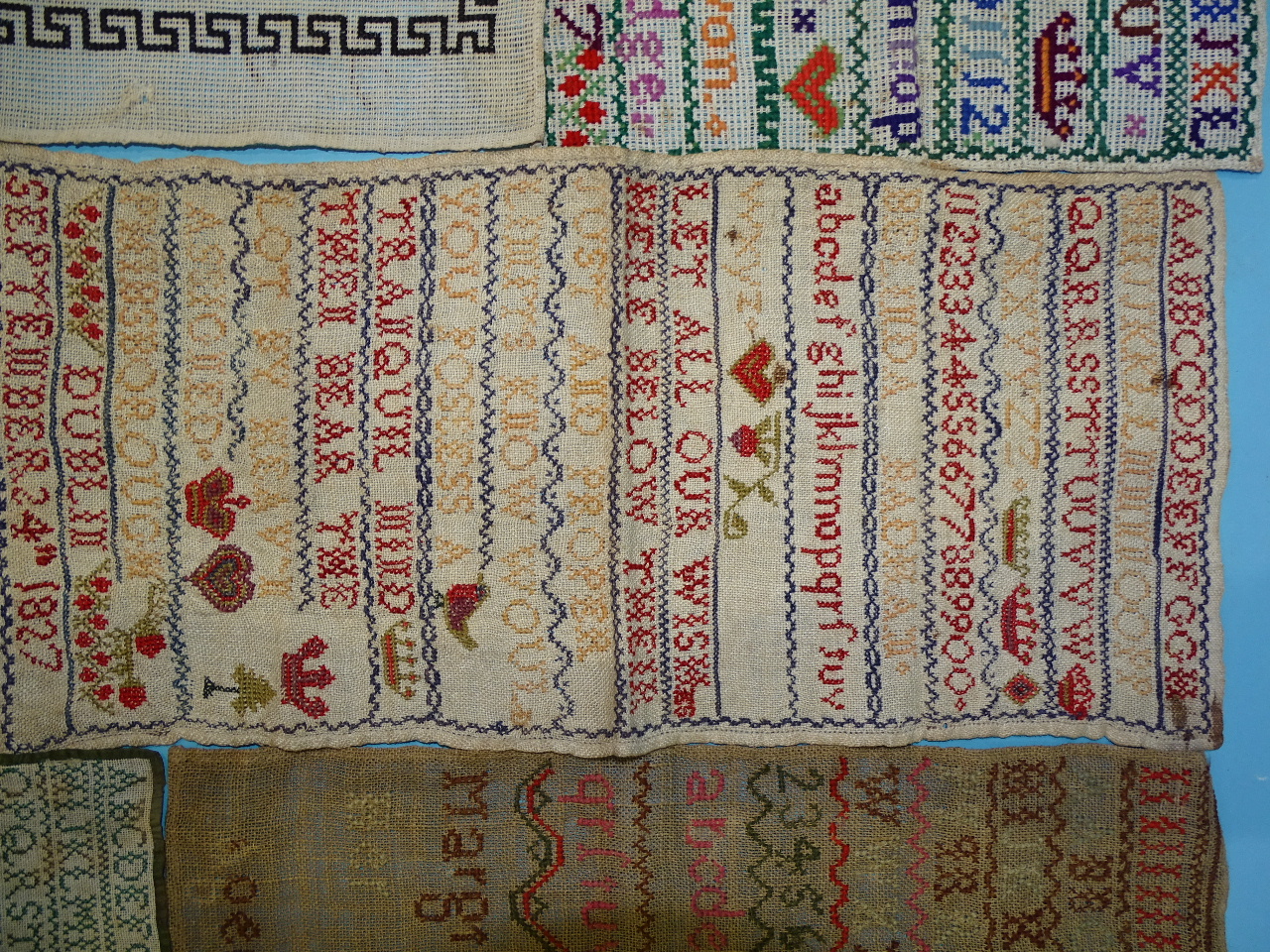 A linen sampler with numbers, alphabets, by Belinda Badnam, Phibsborough, Dublin, 1827, six other - Bild 2 aus 3