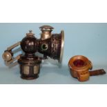 A J Lucas Ltd 260 Colonia carbide bicycle lamp and a smaller brass-back light, (a/f), (2).