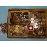 A collection of British and world coinage, including a USA 1835 5-cents, an 1857 half-dime, other