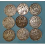 A collection of nine Queen Victoria crowns: 1889 (x3), 1890, 1891 (x2), 1895 (x2) and 1896, (9).