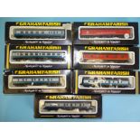 Graham Farish N gauge, seven coaches with boxes, (may not be correct boxes, some a/f).
