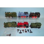 OO gauge, six clockwork 0-4-0 locomotives: three by Triang, two by Joueff and one other, all with