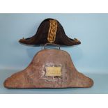 A 19th century Royal Navy bicorn hat by Bilney & Co, Portsea, with tin case labelled B G Heather,