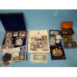 A collection of various British and world coins, including a holed USA 1834 50-cents, a George III
