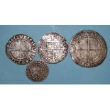 Four hammered silver coins: a Henry VII groat, an Elizabeth I shilling, a 1573 sixpence, (holed) and