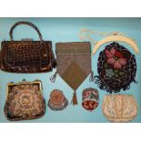 A vintage crocodile handbag, an ivorine handbag clasp and chain handle and five beaded bags, (7).