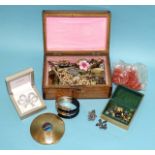 A small satin wood 'work box' containing an SS Orcades compact by Stratton, a small quantity of