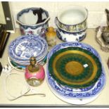 An Improved Stone China willow pattern blue and white meat plate, 42.5 x 34cm and five matching 25cm