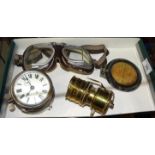 A pair of vintage stadium motorcycle goggles marked BS4110X Stad, an Ansonia car clock, a 1926 tax