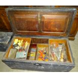 A large painted wooden tool chest, 97cm wide, 51cm high, 45cm deep, together with a collection of