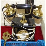 A reproduction SR1000A black and gilt metal telephone, a collection of horse brasses, a wood and