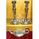 A pair of plated candlesticks, 29cm high and other plated ware.