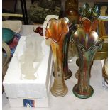 Five carnival glass spill vases, a small collection of scent bottles, glass sculptures, a Boots